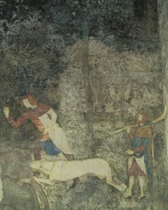कुत्तों के साथ शिकार करने वाले लोग, ला चम्बरे डु सेर्फ स्टैग रूम 1347 फ्रेस्को से सजावटी योजना का विस्तार द्वारा माटेओ गियोवनेटी