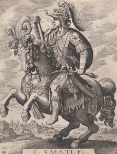 प्लेट 4: घोड़े की पीठ पर सम्राट गायस, 'द फर्स्ट ट्वेल्व रोमन कैसर' से, टेम्पे के बाद..., 1610-50। द्वारा मैथौस मेरियन