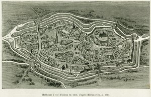मुलहाउस 1642 में उड़ता है। एडोर्ड चार्टन (1807-1890) द्वारा निर्देशित टूर डु मोंडे 1886 में, 1885 में चार्ल्स ग्रैड, जर्मन प्रतिनियुक्त द्वारा कहानी ए थ्रू अलसैस और लोरेन की कहानी को चित्रित करने के लिए मैथॉस मेरियन (1593-1650) द्वारा उत्कीर्णन। , हैचेट, प द्वारा मथौस द एल्डर (बाद) मेरियन