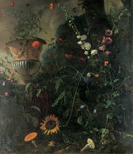 Hollyhocks, गुलाब, एक नीला-फीता फूल, सूरजमुखी और toadstools, एक पेड़ में कलश के साथ
