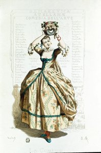 Commedia dell'arte: कॉमेडियन का एक महिला चरित्र प्रतीक, एक कॉमेडियन का मुखौटा लहराते हुए, इसके पीछे इतालवी परंपरा के ऐतिहासिक पात्रों के नाम वाला एक पोस्टर है। मौरिस सैंड और एलेक्स मैन्सौ का लिथोग्राफ द्वारा मौरिस रेत