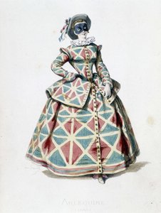 1855 में हार्लेक्विन पोशाक और मुखौटा, कॉमेडीया dell'arte में हार्लेक्विन की महिला चरित्र। "" मास्क्स एट बफन्स "" से ए। मैन्सौ द्वारा उत्कीर्ण, मौरिस सैंड द्वारा पाठ और चित्र (1823-1889), जॉर्जेस सैंड द्वारा प्रस्ताव द्वारा मौरिस रेत