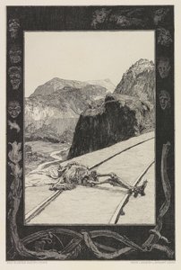 ऑन द ट्रैक्स, पोर्टफोलियो ऑन डेथ, पार्ट I, ओपस XI, 1897 से प्लेट 8। द्वारा मैक्स क्लिंगर
