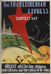 Transsiberian Intourist कंपनी, 1930 का पोस्टर व्यक्त करते हैं