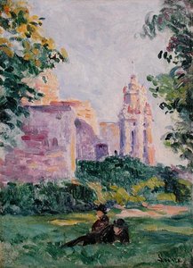 घास में आराम, c.1897 (बोर्ड पर तेल) द्वारा मैक्सिमिलिन लूस