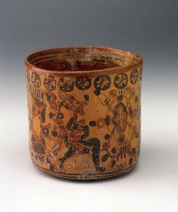 सिलेंडर फूलदान, c.650-850 (नारंगी पर्ची पेंट पर लाल और काले रंग के साथ सिरेमिक) द्वारा माया मय