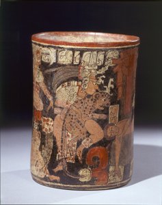 बलि के दृश्य के साथ बेलनाकार पोत, c.600-850 AD (सिरेमिक और पिगमेंट) द्वारा माया मय