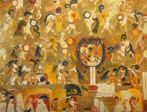 एक युद्ध के दृश्य को दर्शाते हुए चिचेन इट्ज़ा (युकाटन, मैक्सिको) से एक माया पेंटिंग का पुनर्निर्माण। माया सभ्यता।