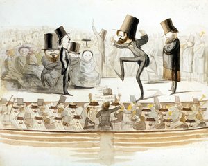 Giuseppe Verdi (1813-1901), टेनोर फ्रैस्चिनी और सोप्रानो फियोरेटी के साथ "अन बॉलो इन मस्केरा" (अन बाल मस्क) की पुनरावृत्ति के साथ इतालवी संगीतकार। Melchiorre Delfico द्वारा कार्टून। मिलानी।