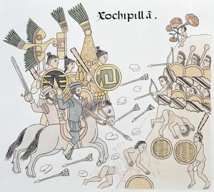 स्पैनिश और एज़्टेक के बीच Xochipilla की लड़ाई, एक मैक्सिकन भारतीय चित्र इतिहास की एक व्याख्या से चित्रण Lienzo de Tlaxcala of c.1550, 1892