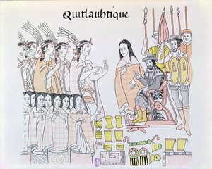 ला मालिनचे (डोना मरीना) मोंटेज़ुमा (1466-1520) द्वारा हर्नान्डो कोर्टेस (1485-1547) की प्रस्तुति के दौरान एक मैक्सिकन भारतीय चित्र के चित्रण से व्याख्या के रूप में अभिनय करती हैं।