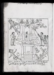 MS हंटर 242 f.240v द बर्निंग ऑफ़ द टेंपल, त्लाक्सकाला', डिएगो मुनोज़ कैमार्गो (कागज पर कलम और स्याही) द्वारा 'हिस्टोरिया डे त्लाक्सकाला' से चित्रण द्वारा मैक्सिकन स्कूल