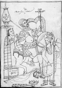 एम एस हंटर 242 f.246v, हॉर्सबैक पर कोर्टेस, पराजित एज़्टेक किंग मॉक्टेज़ुमा के ऊपर, डिएगो मुनोज़ कैमारगो द्वारा हिस्टोरिया डे ट्लैक्सकाला से चित्रण द्वारा मैक्सिकन स्कूल