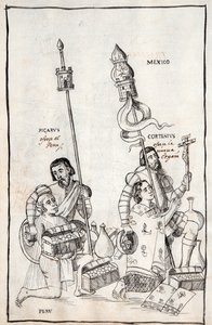 एमएस हंटर 242 f.248v पिकारस (पिजारो) पेरू और कोर्टेसियस (कोर्टेस) न्यू स्पेन प्रस्तुत करता है, डिएगो मुनोज़ कैमारगो द्वारा ट्लाक्सेला के इतिहास से चित्रण द्वारा मैक्सिकन स्कूल