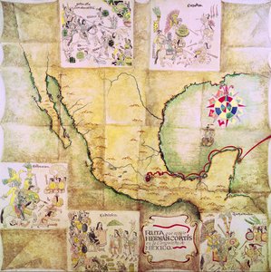 मार्ग की मानचित्र मैक्सिको की विजय के दौरान हर्नांडो कोर्टेस (1485-1547) द्वारा पीछा किया गया