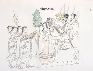 हर्नान्डो कोर्टेस (1485-1547) और एज़्टेक की बैठक, एक मैक्सिकन भारतीय चित्र इतिहास की धारणा से चित्रण c.1550, 1892 के Lienzo de Tlaxcala द्वारा मैक्सिकन स्कूल