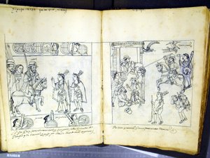 सुश्री हंटर 242 f.257v और f.258r, डिएगो मुनोज़ कैमार्गो द्वारा 'हिस्टोरिया डे त्लाक्सकाला' से (कागज पर कलम और स्याही) द्वारा मैक्सिकन स्कूल