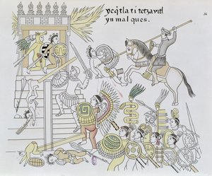 हर्नान कोर्टेस द्वारा मूर्तियों को जलाना, एक मैक्सिकन भारतीय चित्र इतिहास की व्याख्या से एक चित्रण C.1550, 1892 (रंग उत्कीर्णन) के Lienzo de Tlaxcala द्वारा मैक्सिकन स्कूल
