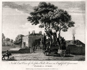 1775 में सरी में एगहम के पास एंगलफील्ड ग्रीन पर सर जॉन एल्विल्स हाउस का नॉर्थ ईस्ट व्यू द्वारा माइकल एंजेलो रूकर