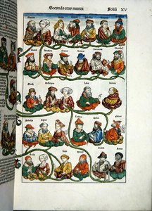 वंशावली वृक्ष, हार्टमैन शेडेल द्वारा 'लिबर क्रॉनिकरम' से (1440-1514) 1493 (रंग का लकड़बग्घा) द्वारा माइकल और प्लेडेनवर्फ़ डब्ल्यू. वोल्गेमुथ