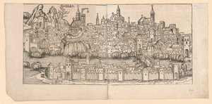 नूर्नबर्ग क्रॉनिकल: बेसल, स्विट्जरलैंड का स्थलाकृतिक दृश्य, 1493। द्वारा माइकल वोल्गेमुट
