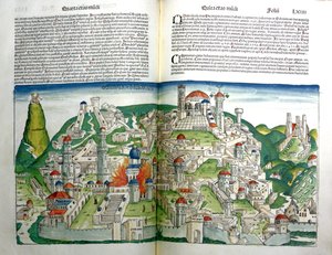 1493 में मुद्रित हार्टमैन शेडेल (1440-1514) द्वारा नूर्नबर्ग क्रॉनिकल से सम्राट टाइटस द्वारा नष्ट की गई यरूशलेम की विद्रोही शहर