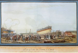 जुलाई 1777 में काउंट ऑफ प्रोवेंस की उपस्थिति में टूलॉन के बंदरगाह में जहाज ले कैटन का प्रक्षेपण (गौचे) द्वारा मिशेल डी टूलॉन