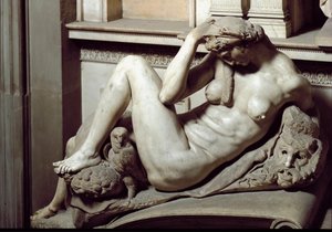 रात का रूपक। Giuliano de Medici का मकबरा। संगमरमर की मूर्ति द्वारा माइकल एंजेलो बुओनारोती