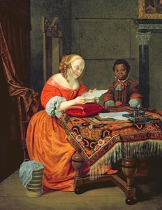 एक महिला उपस्थिति में एक काले रंग के साथ एक पत्र पढ़ रही है, 1670