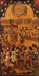 मेक्सिको की विजय, पैनल एक्स, c.1696-1715 (लकड़ी पर पेंट) द्वारा मिगुएल गोंजालेज