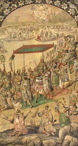 मोंटेज़ुमा का स्वागत (मोक्टेज़ुमा, मोटुकज़ोमा, मोटेकुहोमा) (1466-1520) - मेक्सिको की विजय हर्नान कोर्टेस पार गोंजालेज, मिगुएल और जुआन द्वारा (17 वीं शताब्दी का सक्रिय अंत)। लकड़ी पर तेल, आकार: 97x53 द्वारा मिगुएल और जुआन गोंजालेज