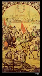 हर्नैंडो कोर्टेस (1485-1547) और मोंटेज़ुमा (1466-1520) 1698 के बीच मुठभेड़