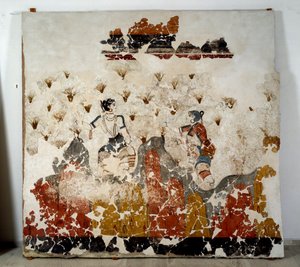 मिनोअन सभ्यता: केसर उठाती महिलाएं। अक्रोटिरी (थेरा), सेंटोरिनी में ज़ेस्टे 3 के लस्ट्रल बेसिन से फ्रेस्को। मंद। 244x266 सेमी 16वीं शताब्दी ईसा पूर्व सेंटोरिनी, अक्रोटिरी ए थेरा के भित्तिचित्रों का संग्रह