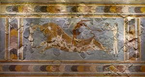 छलांग लगाने वाले बुल फ्रेस्को का विवरण। नोसोस में मिला द्वारा Minoan