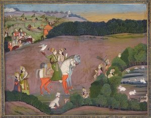 बाज़ बहादुर और रूपमती, बाज़ के शिकार के लिए। 1735 के आसपास