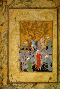 पहाड़ों में एक राजसी हॉकिंग पार्टी, c1575। द्वारा मिर्जा अली
