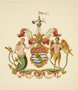 मर्चेंट वेंचरर्स सोसाइटी के हथियार, c.1830 (कागज पर पेंसिल और वॉटरकलर) द्वारा मिस (attr.to) ब्रेकेनरिज