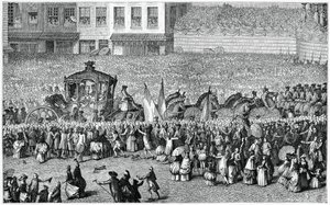 एक परेड, 1782, 1885 में हॉर्स-ड्रॉन कैरिज।