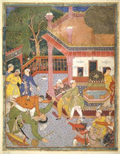 एक नायक आंगन में दर्शकों की भीड़ से पहले एक विशालकाय व्यक्ति को मारता है, हमजा नामा से चित्रण, c.1555-67 (कपास पर बॉडीकोल) द्वारा मुगल स्कूल
