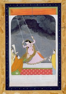 झूले पर एक महिला, कांगड़ा, पंजाब हिल्स c.1790 (कागज पर अपारदर्शी wc) द्वारा मुगल स्कूल