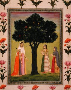 अपने बेटे के साथ एक राजकुमारी स्मॉल क्लाइव एल्बम (कागज पर अपारदर्शी जल रंग) से उपहार देने वाली दो महिलाओं से मिलती है द्वारा मुगल स्कूल