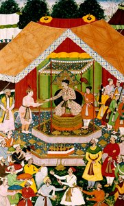 दीपलपुर में अकबर और अजीम खान, c.1590-95 द्वारा मुगल स्कूल