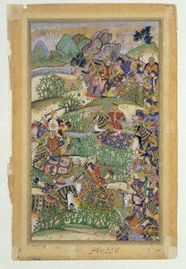 1572 में सामल की लड़ाई में सम्राट अकबर (r.1556-1605), अबुल फ़ाज़ी द्वारा बनाए गए अकबरनामा से 1590-98 (कागज पर अपारदर्शी wc और सोना) द्वारा मुगल स्कूल