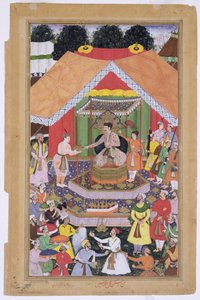 सम्राट अकबर (r.1556-1605) ने अपने पालक भाई अजीम खान द्वारा पंजाब के दिपालपुर में 1571, अबुल फैजी द्वारा निर्मित अकबरनामा, 1590-98 (कागज पर अपारदर्शी wc और सोना) से मनोरंजन किया। द्वारा मुगल स्कूल