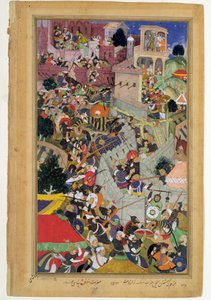 सम्राट अकबर (r.1556-1605) ने 1567 में अबुल फाज़ी द्वारा बनाए गए अकबरनामा से 1567 में चिटोव की घेराबंदी में, सामल को गोली मार दी (कागज पर अपारदर्शी wc और सोना द्वारा मुगल स्कूल