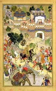 सम्राट अकबर ने सूरत में अबुल फ़ाज़ी (1515-1602) 1590-98 (कागज पर अपारदर्शी wc और सोना) द्वारा निर्मित अकबरनामा से विजयी प्रविष्टि द्वारा मुगल स्कूल