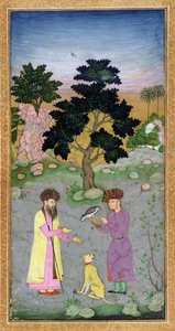 छोटे क्लाइव एल्बम से साथी और पालतू चीता के साथ फाल्कनर, c.1610-15 (पोस्ट पर अपारदर्शी लेख) द्वारा मुगल स्कूल