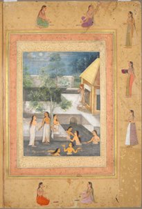 हरेम नाइट-बाथिंग सीन (रेक्टो): फूलों और पक्षियों की एक सजावटी सीमा (फंदा) द्वारा रचित सुलेख, सी। 1650 (कागज पर स्याही और रंग) द्वारा मुगल स्कूल