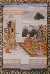 यूसुफ ने ज़ूलीका, पोतिफ़र्स की पत्नी, मिज़ की पत्नियों को पेश किया, जोमी की लोकप्रिय फारसी कविता यूसुफ और जुलीखा की कड़ी (1414-92) c.1780 द्वारा मुगल स्कूल