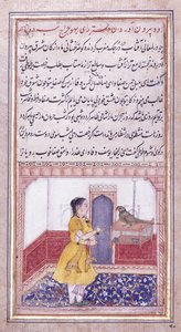 खुजिस्ता तोते से बात करते हुए, सी। 1580 द्वारा मुगल स्कूल